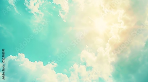Sunshine clouds sky during morning background Bluewhite pastel heavensoft focus lens flare sunlight Abstract blurred cyan gradient of peaceful nature Open view out windows beautiful su : Generative AI photo