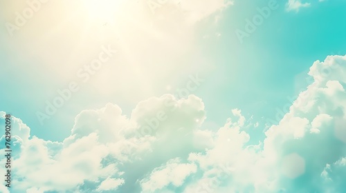 Sunshine clouds sky during morning background Bluewhite pastel heavensoft focus lens flare sunlight Abstract blurred cyan gradient of peaceful nature Open view out windows beautiful su : Generative AI photo
