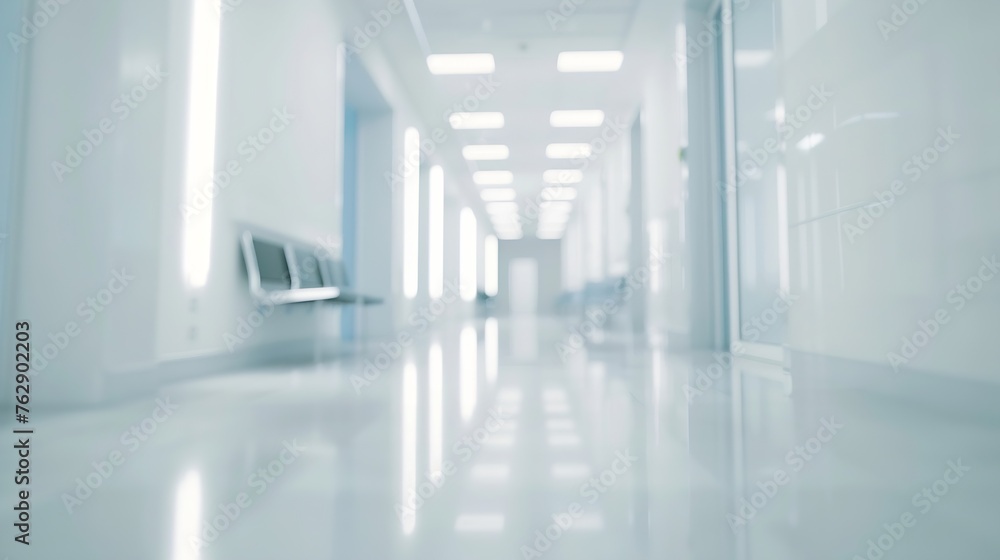 blurred of background interior of a modern hospital with an empty long corridor waiting room for patients and families between the corridor with bright white lights treatment rooms and : Generative AI
