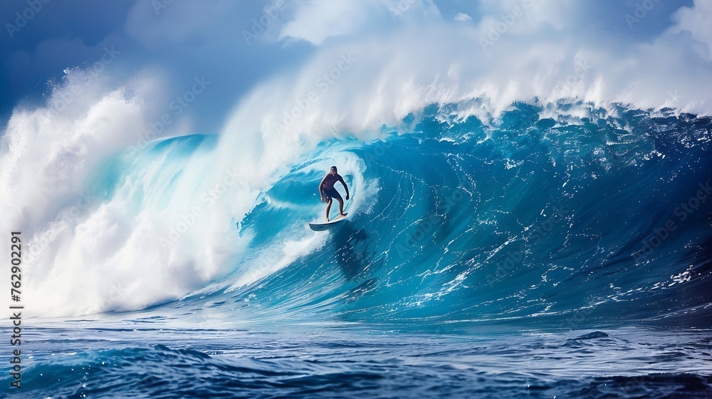 A surfer riding a big wave at the world famous Banzai Pipeline on the North shore of Oahu Hawaii : Generative AI - obrazy, fototapety, plakaty 