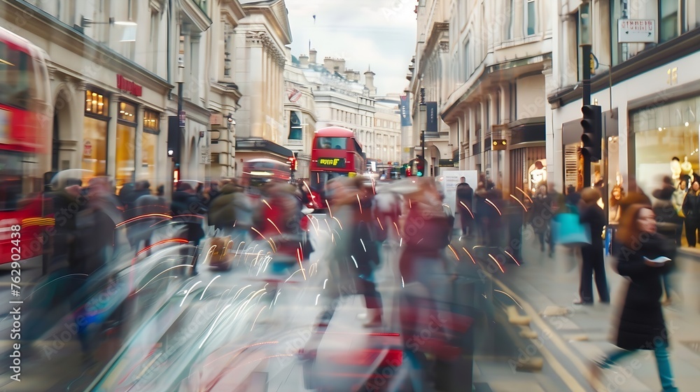 Busy crowds of anonymous motion blurred shoppers on London street : Generative AI