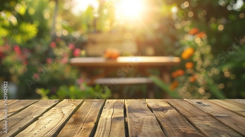 summer time in backyard garden with grill BBQ wooden table blurred background : Generative AI