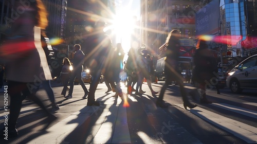 Sunlight shining on people in motion walking across a busy street intersection in Midtown Manhattan New York City : Generative AI photo