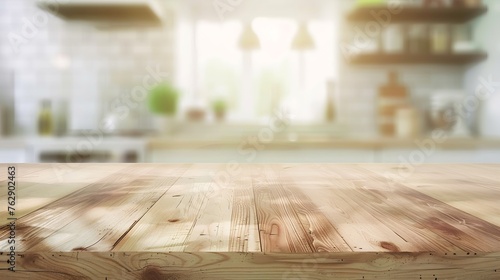 Empty beautiful wood table  top counter  and blur bokeh modern kitchen interior background in clean and bright Readywhite background for product montage : Generative AI
