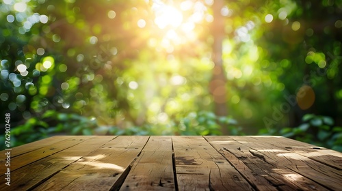 Empty wood table and defocused bokeh and blur background of garden trees with sunlight product display template   Generative AI