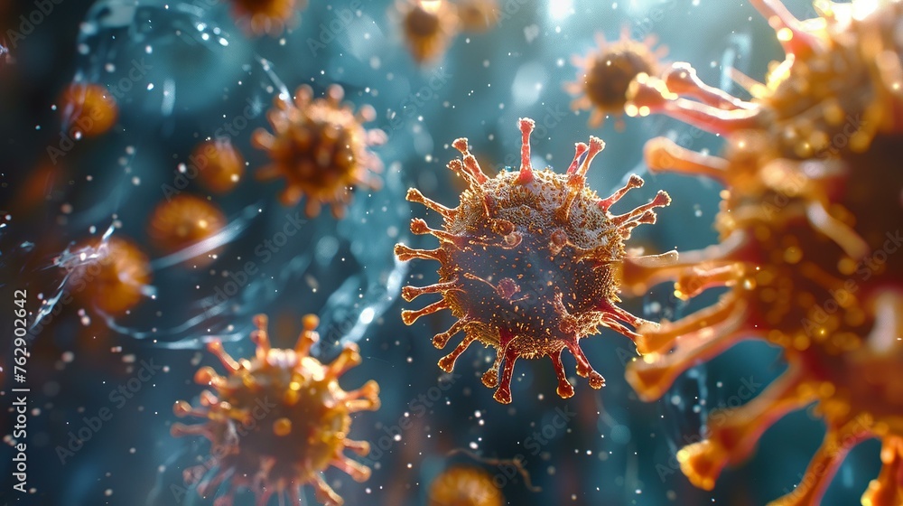 Measles virus in detailed 3D, educational copy space
