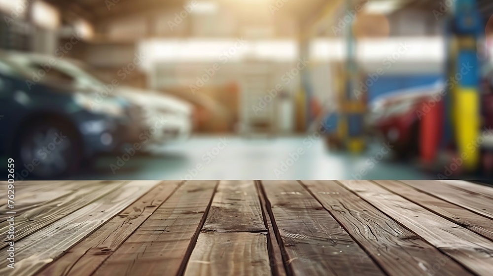 Empty wood table top with car service centre auto repair workshop blurred background : Generative AI Empty wood table top with car service centre auto repair workshop blurred background : Generative AI