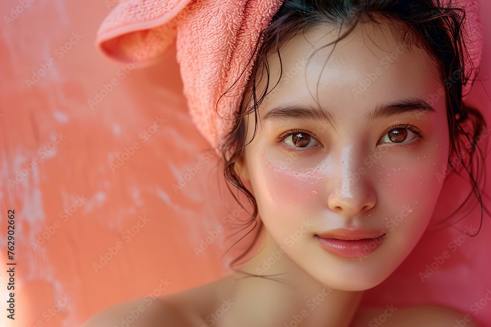 Luminous skin, Asian model with towel, joyous gaze, product ad space, pure ambiance Luminous skin, Asian model with towel, joyous gaze, product ad space, pure ambiance