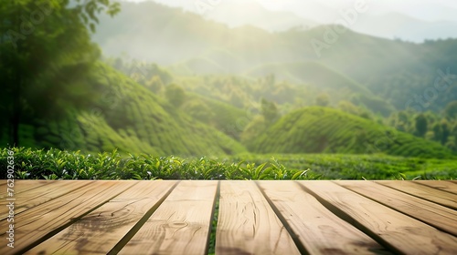 Wooden table top on blur green tea mountain and grass fieldFresh and Relax conceptFor montage product display or design key visual layoutView of copy space : Generative AI photo