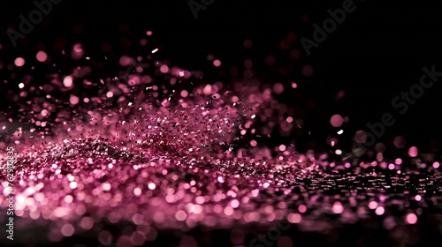 Explosion metallic pink glitter sparkle Choky Glitter powder spark blink celebrate blur foil explode in air fly throw pink glitters particle Black background isolated selective focus B : Generative AI photo