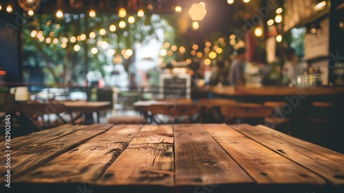 wood table on blur of cafe coffee shop bar background can used for display or montage your products : Generative AI