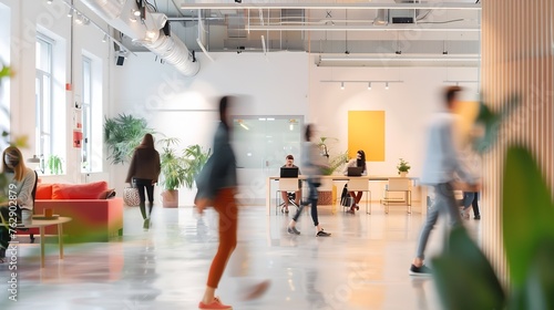 Group of office employees at coworking center Business people walking at modern open space Motion blur Concept : Generative AI