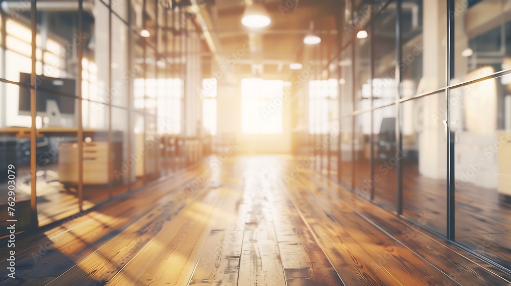 Beautiful blurred background of a modern Industrial office interior in Vintage tone with panoramic windows glass partitions and plywood Wooden floor : Generative AI