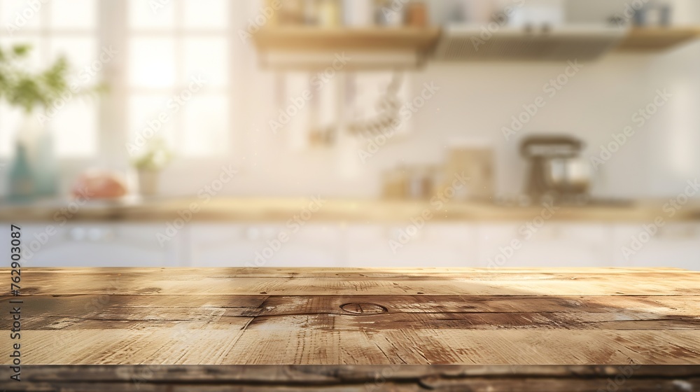Wood table top on blurred kitchen background  can be used mock up for montage products display or design layout : Generative AI