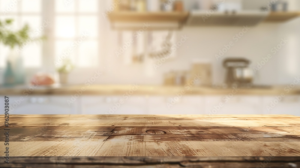 Wood table top on blurred kitchen background can be used mock up for montage products display or design layout : Generative AI Wood table top on blurred kitchen background can be used mock up for montage products display or design layout : Generative AI