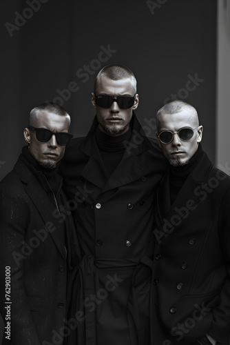 Three men in black suits and sunglasses posing for a monochrome photo