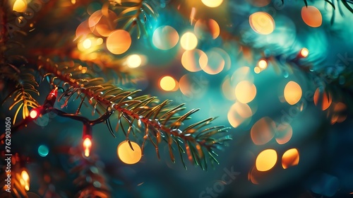 Christmas tree branches with garland lights on bokeh background : Generative AI