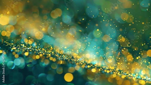 Various stains and overflows of gold particles in blue fluid with green tints Golden particles dust and smooth defocused background Liquid iridescent shiny backdrop with depth of field : Generative AI