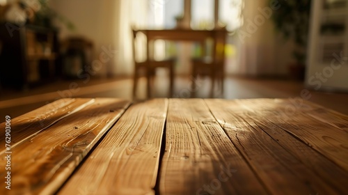The empty wooden brown table top with blur background of home room in winter Exuberant image : Generative AI