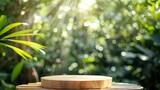 empty table top wooden counter podium in outdoor tropical garden forest blurred green plant background with spaceorganic product present natural placement pedestal displayspring and su : Generative AI