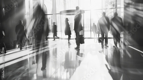 business people activity standing and walking in the lobby motion blurred black and white : Generative AI