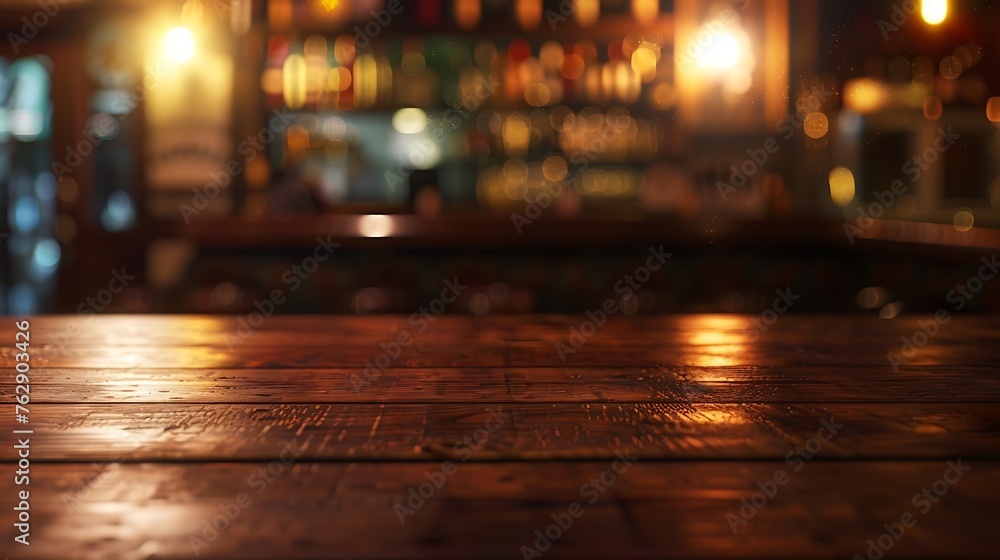 blurred background of bar and dark brown desk space of retro wood : Generative AI
