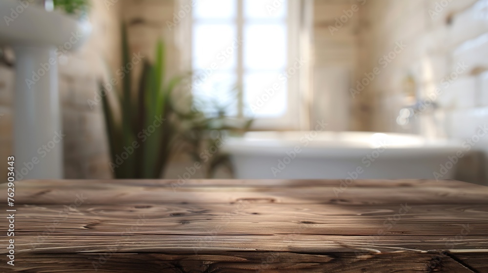 Wooden table in front of blurred bathroom interior as background : Generative AI Wooden table in front of blurred bathroom interior as background : Generative AI