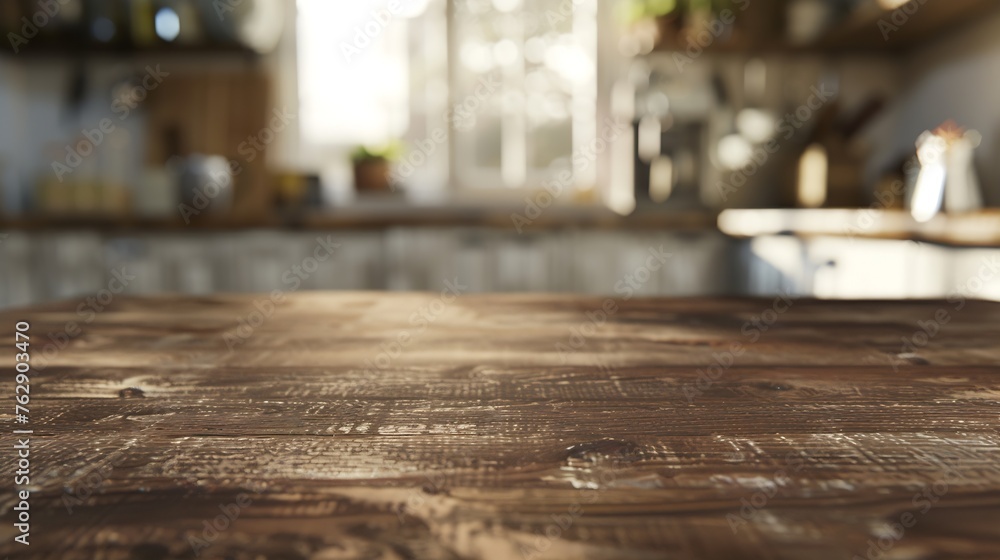 Beautiful empty brown wooden table top and blurred defocused modern kitchen interior background with daylight flare product montage display : Generative AI