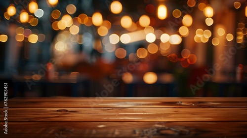 Image of wooden table in front of abstract blurred restaurant lights background : Generative AI