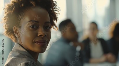 Positive African American female worker looking at camera while sitting near group of colleagues against blurred background in light office   Generative AI