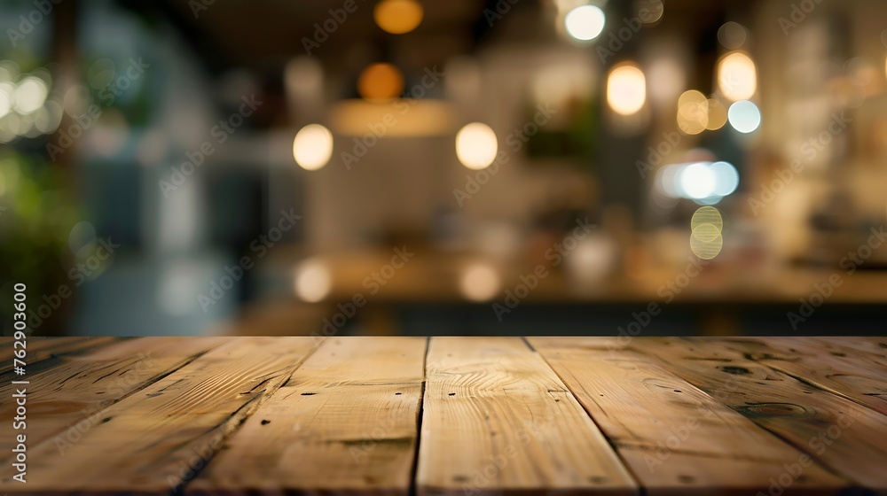 Empty wooden table and blurred background of abstract in front of restaurant or coffee shop for display of product or for montage : Generative AI
