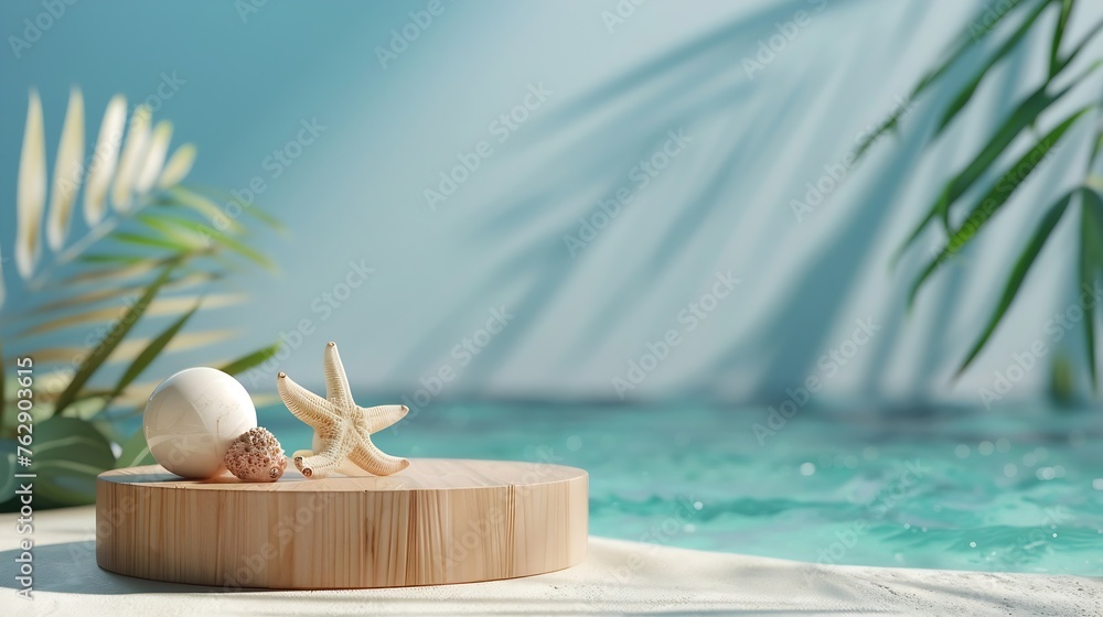 Summer product display on wooden podium at sea tropical beach : Generative AI