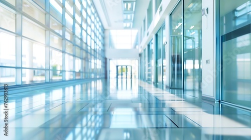 Blur office building healthcare clinic hospital or school background interior view looking out toward to empty lobby and entrance doors and glass curtain wall : Generative AI