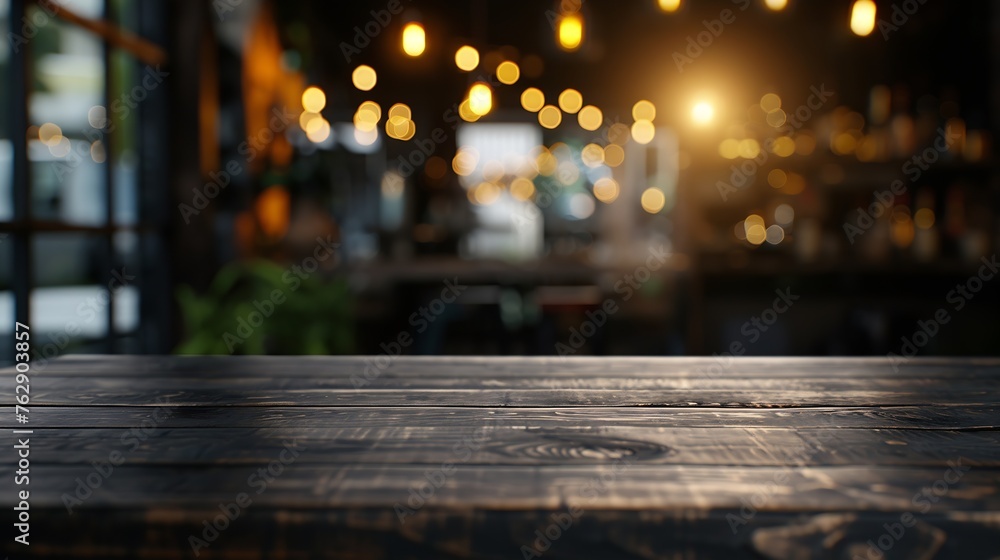 Empty dark wooden table in front of abstract blurred bokeh background of restaurant can be used for display or montage your productsMock up for space : Generative AI Empty dark wooden table in front of abstract blurred bokeh background of restaurant can be used for display or montage your productsMock up for space : Generative AI