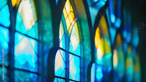 stained glass window arches with bokeh blur and blue tint : Generative AI