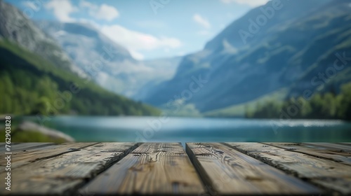 The empty wooden table top with blur background of summer lakes mountain Exuberant image : Generative AI © Generative AI