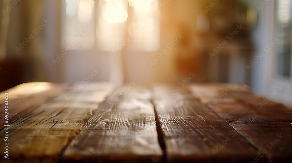 The empty wooden brown table top with blur background of home room in winter Exuberant image : Generative AI The empty wooden brown table top with blur background of home room in winter Exuberant image : Generative AI