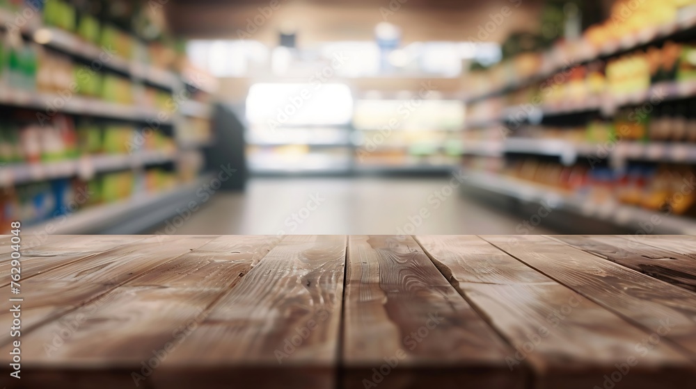 wood table top with supermarket aisle with refrigerators blurred background : Generative AI