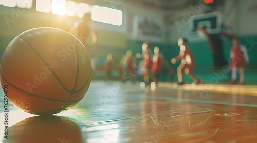 Basketball ball on wooden court Young boys play basketball match in blurred background Junior level sports team compete in indoor game : Generative AI photo