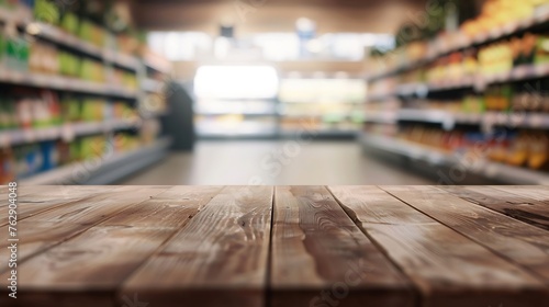wood table top with supermarket aisle with refrigerators blurred background : Generative AI