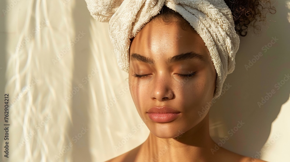 Fototapeta premium Daily skincare routine, woman with closed eyes, towel headband