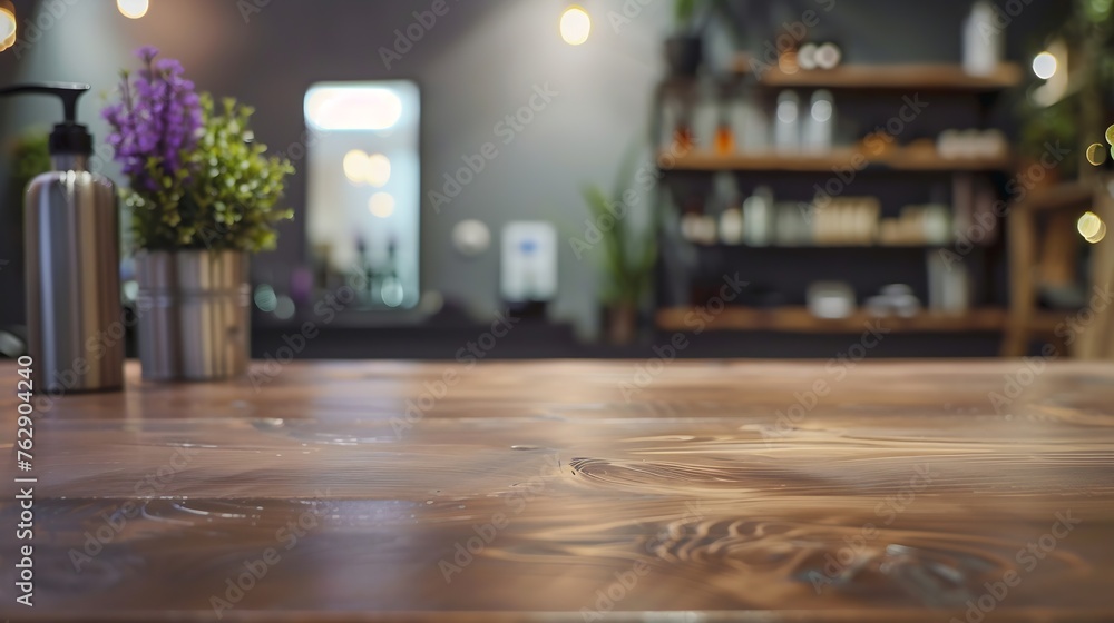 empty brown wooden tabletop for product display on blurred beauty and hair salon interior background : Generative AI