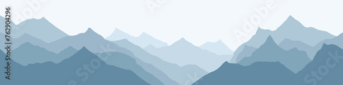 Vector illustration of mountains, ridge in the morning haze, panoramic view 