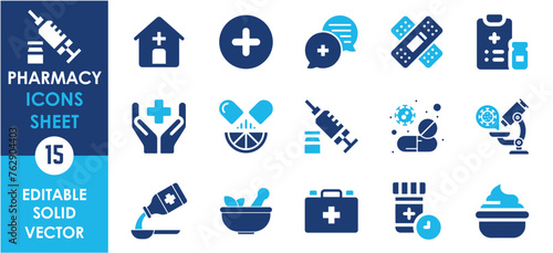 Pharmacy icon set. Medicine, bandage, medication, prescription, treatment and so on. Flat medical icons set. Vector illustration.