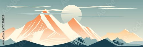 Minimalistic mountain landscape, mountain sunrise and sun, vector illustration, panoramic view
