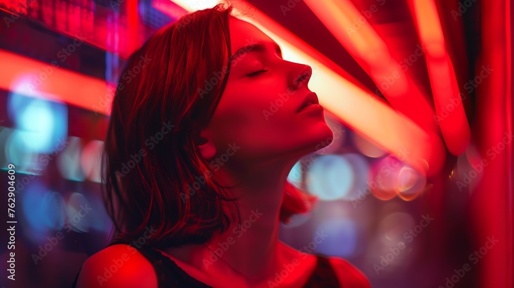 Young woman with closed eyes tilting head back under red neon light against blurred background at night : Generative AI Young woman with closed eyes tilting head back under red neon light against blurred background at night : Generative AI