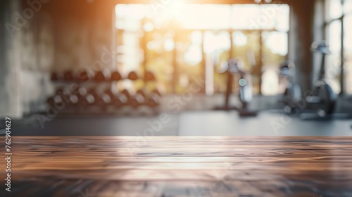 Blurred background of fitness gym and wooden table free space for product display : Generative AI photo