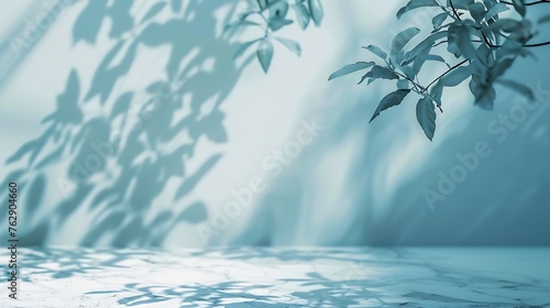 Minimalistic light background with blurred foliage shadow on a light blue wall Beautiful background for presentation with with marble floor : Generative AI