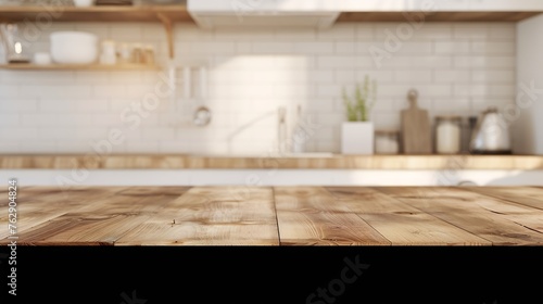 Wood table top on blur kitchen room background For montage product display or design key visual layout : Generative AI