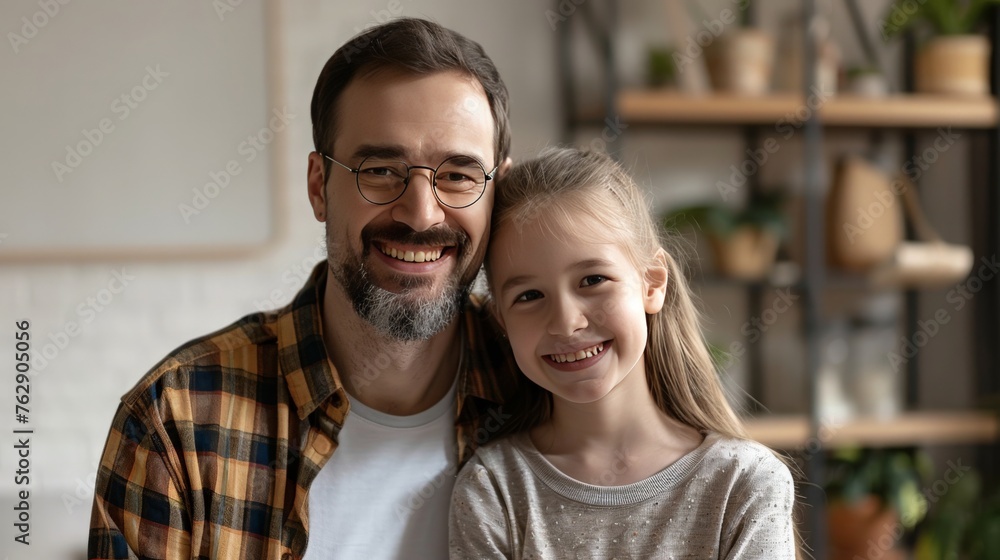 Fototapeta premium Happy handsome dad and cheerful tween kid girl looking at camera with toothy smiles, posing for home headshot portrait. Positive father piggibacking cute daughter head shot